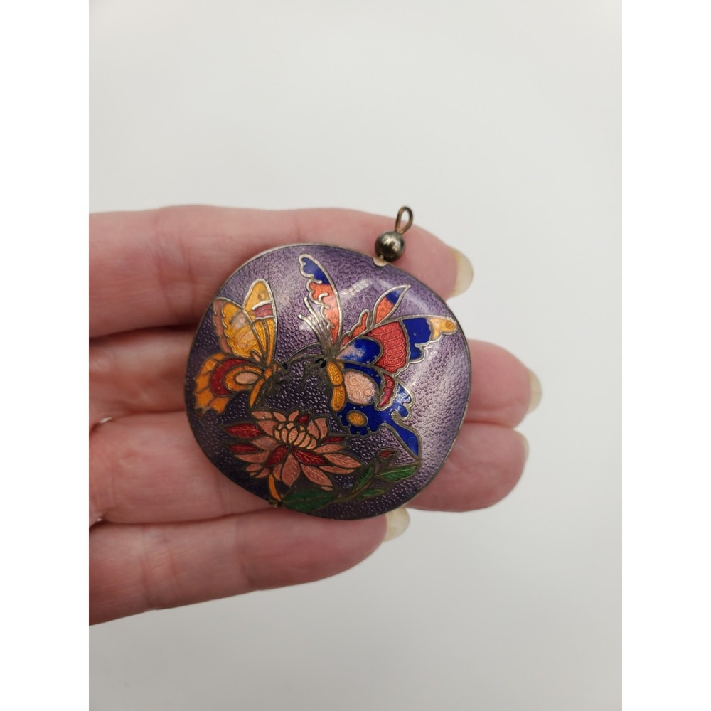 Vtg Cloisonne Butterfly & Flowers Two Sided Pendant - Picture 4 of 4